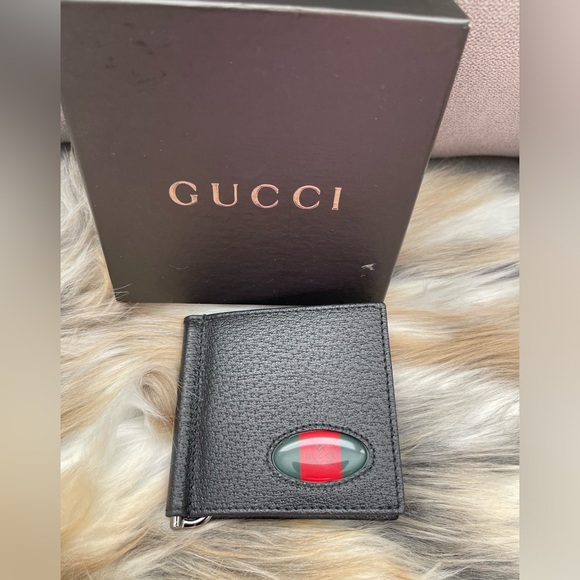 GUCCI Black Grained Leather Web Logo Bifold Bill/Money Clip Wallet - Picture 2 of 9